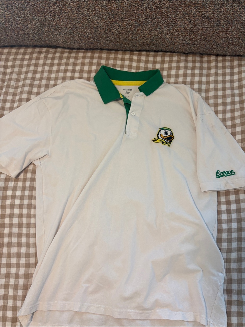 Hollister White Polo with Green Collar and Oregon Duck Patch